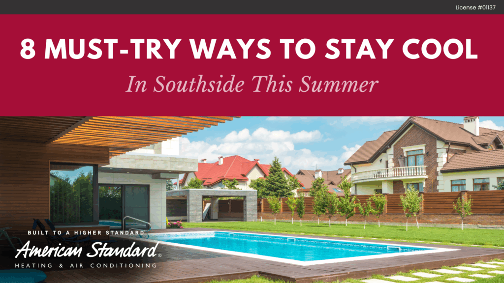 Backyard pool with modern home, used to promote summer cooling tips in Southside, Alabama.