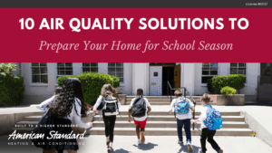 Children happily running up stairs in school uniforms, representing back-to-school season and clean indoor air
